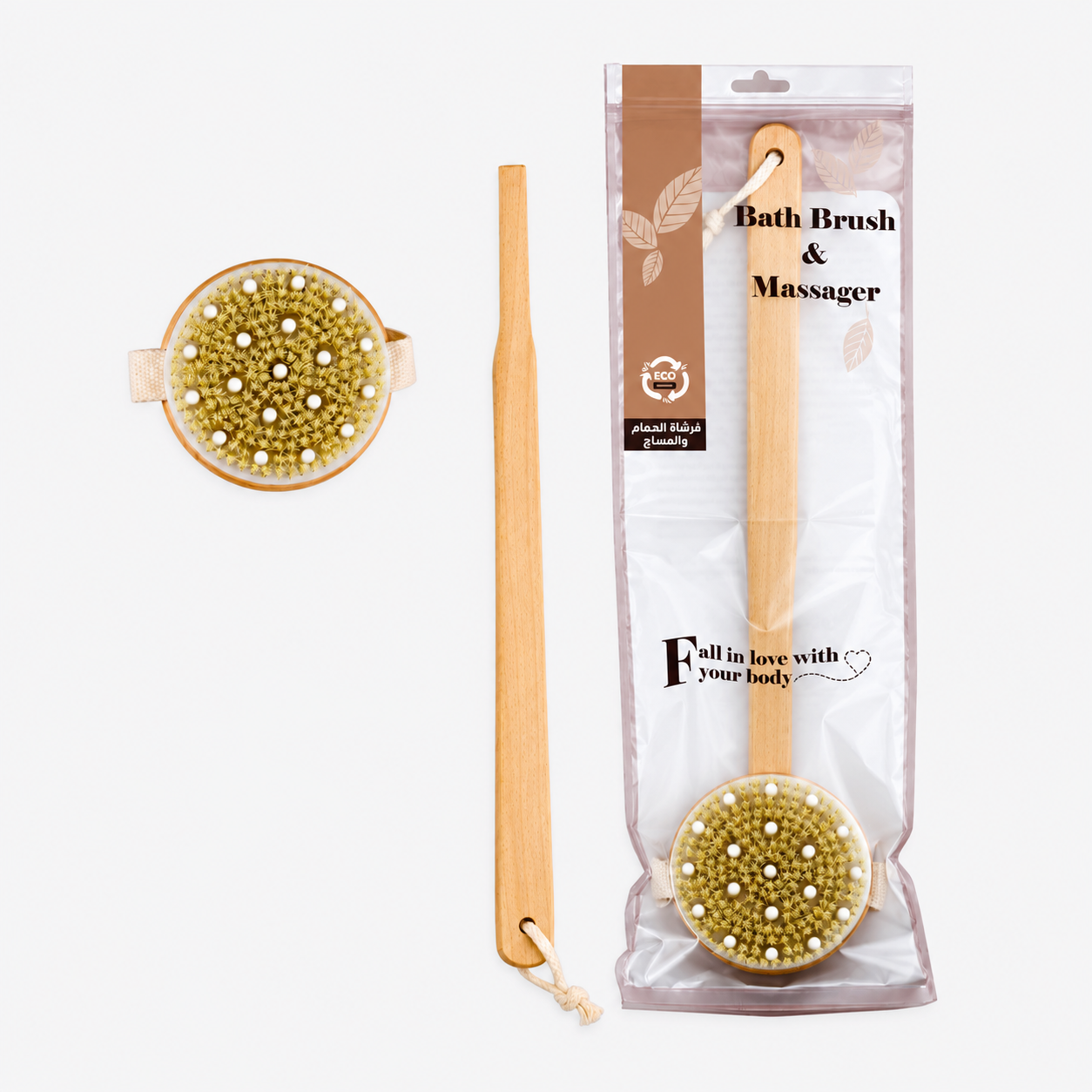 Bath and Massage Brush with a Long Bamboo Handle